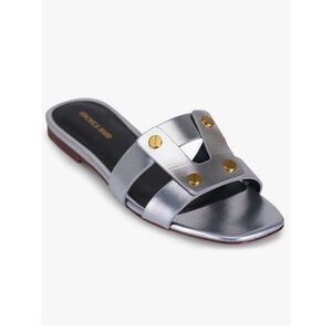 Veronica Beard Via Slide Sandals Silver Metallic Leather Studded Flat Slides 7